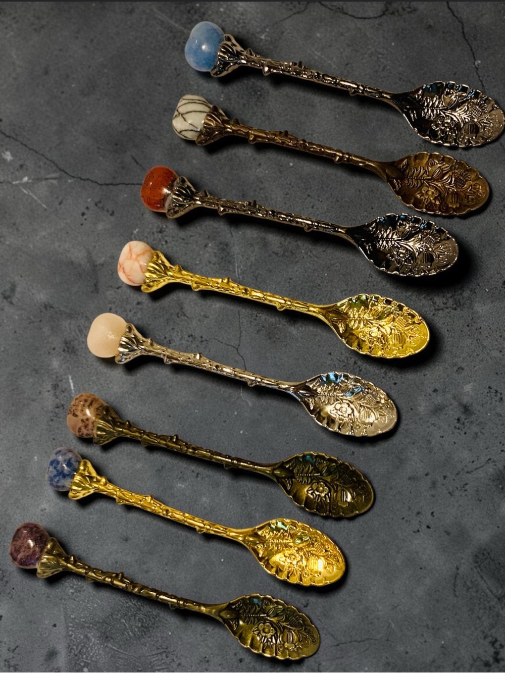 Ornate Decorative Assorted Metal & Heart Stone-Top Dessert Spoons. Hand tooled. - Picture 2 of 5